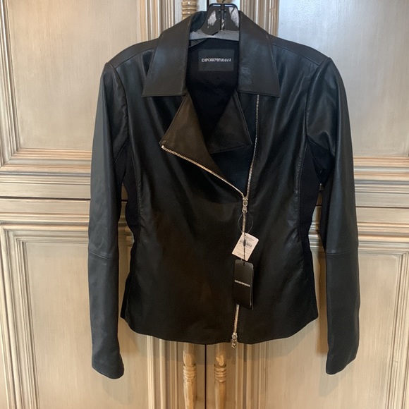 Emporio Armani Black Leather Jacket with Jersey Insets Size 44/US 8 NWT - Picture 7 of 9